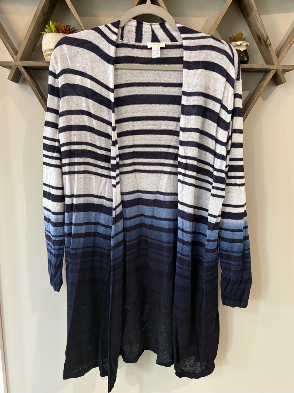 Chico's open-front duster cardigan navy and white striped. Size medium.